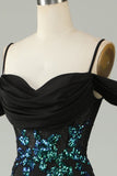 Cold Shoulder Black Sequins Corset Long Ball Dress