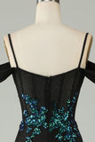 Cold Shoulder Black Sequins Corset Long Ball Dress