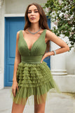 A Line Deep V Neck Green Short Cocktail Dress with Ruffles