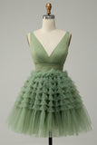 Green Tulle V-Neck Short Ball Dress With Open Back