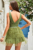 A Line Deep V Neck Green Short Cocktail Dress with Ruffles