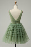 Green Tulle V-Neck Short Ball Dress With Open Back