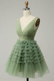 Green Tulle V-Neck Short Ball Dress With Open Back