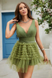 A Line Deep V Neck Green Short Cocktail Dress with Ruffles
