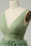 Green Tulle V-Neck Short Ball Dress With Open Back