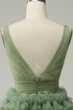 Green Tulle V-Neck Short Ball Dress With Open Back