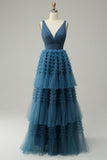 A Line V-Neck Blue Long Ball Dress With Open Back