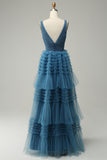 A Line V-Neck Blue Long Ball Dress With Open Back
