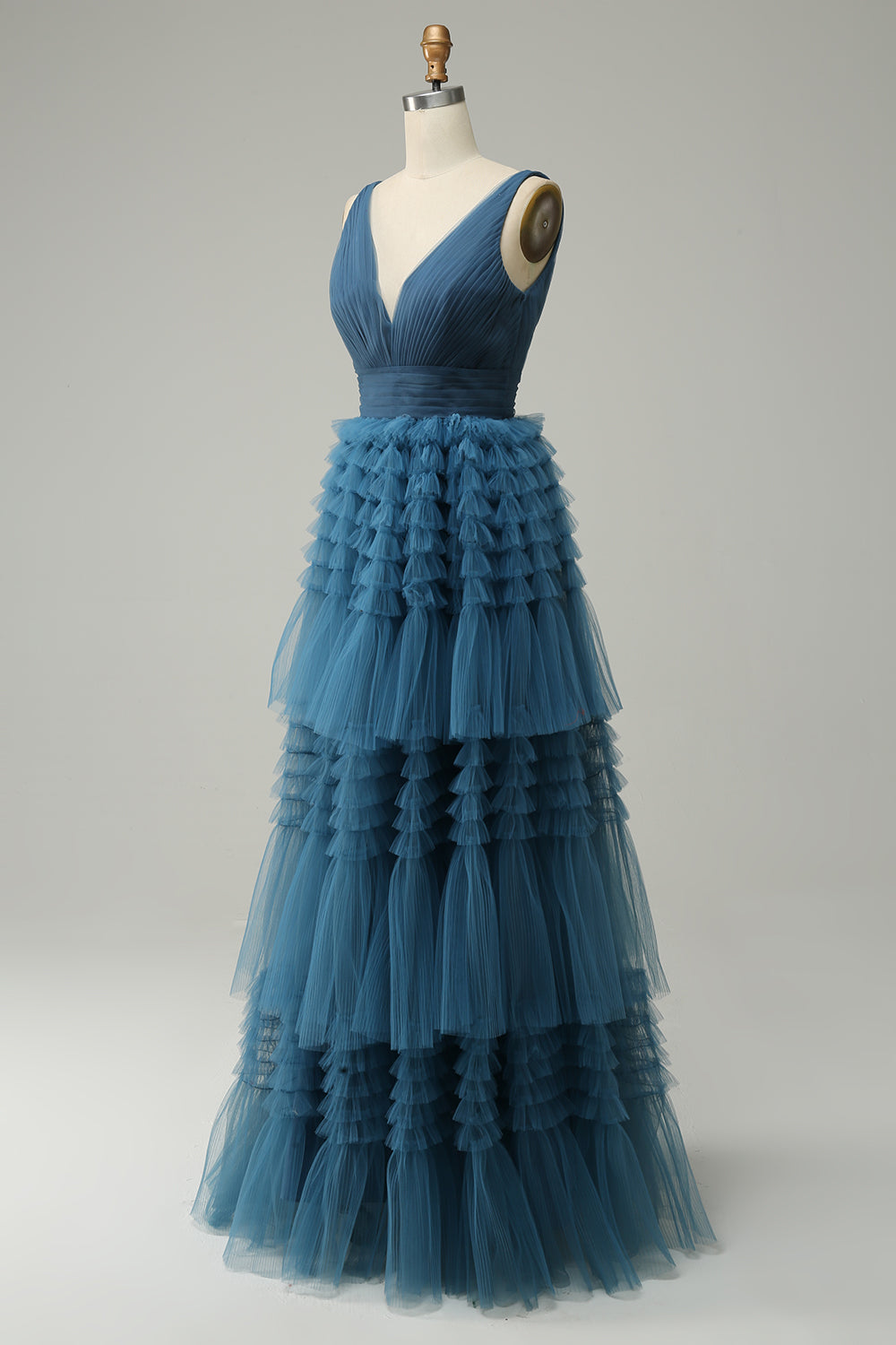 A Line V-Neck Blue Long Ball Dress With Open Back