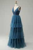 A Line V-Neck Blue Long Ball Dress With Open Back