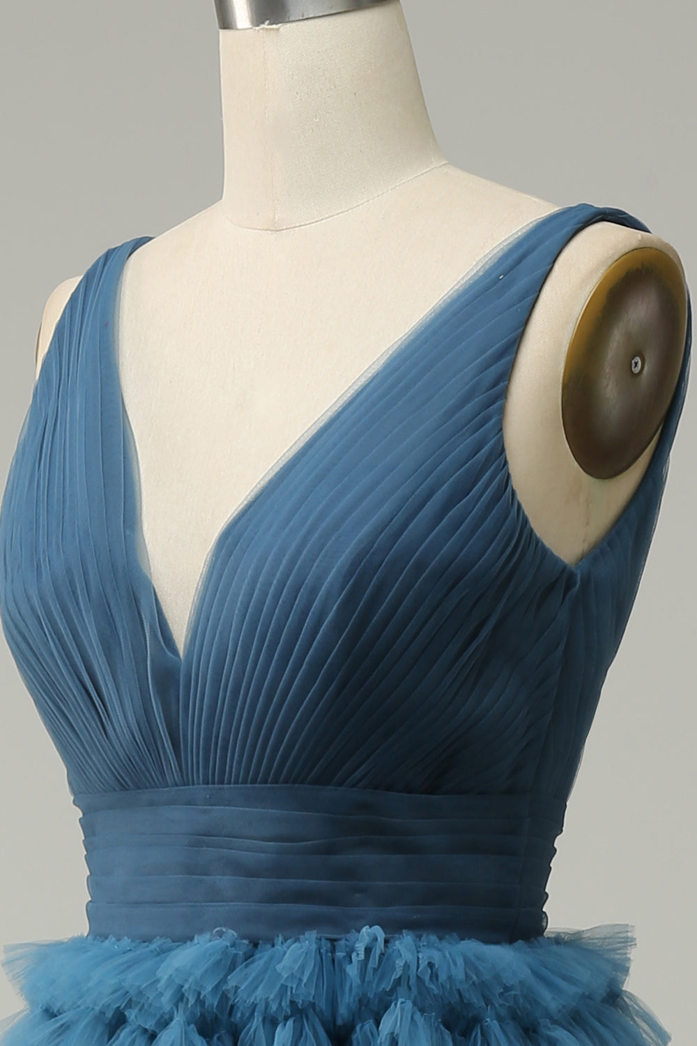 A Line V-Neck Blue Long Ball Dress With Open Back