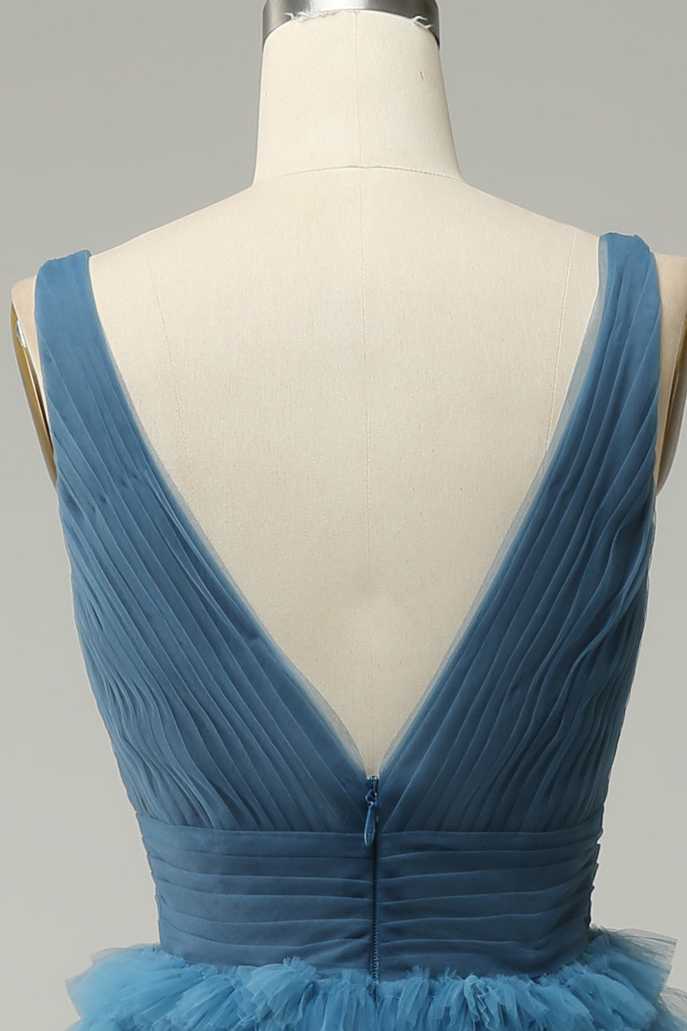 A Line V-Neck Blue Long Ball Dress With Open Back