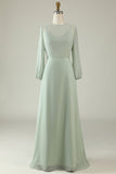 Mint A Line Chiffon Wedding Guest Dress with Long Sleeves