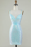 Bling Sheath Spaghetti Straps Light Blue Sequins Short Cocktail Dress with Criss Cross Back