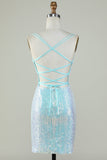Bling Sheath Spaghetti Straps Light Blue Sequins Short Cocktail Dress with Criss Cross Back