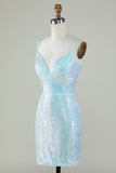 Bling Sheath Spaghetti Straps Light Blue Sequins Short Cocktail Dress with Criss Cross Back