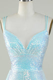 Bling Sheath Spaghetti Straps Light Blue Sequins Short Cocktail Dress with Criss Cross Back