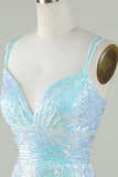 Bling Sheath Spaghetti Straps Light Blue Sequins Short Cocktail Dress with Criss Cross Back