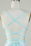 Bling Sheath Spaghetti Straps Light Blue Sequins Short Cocktail Dress with Criss Cross Back