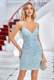 Light Blue Sparkly Tight Cocktail Dress with Lace-up Back