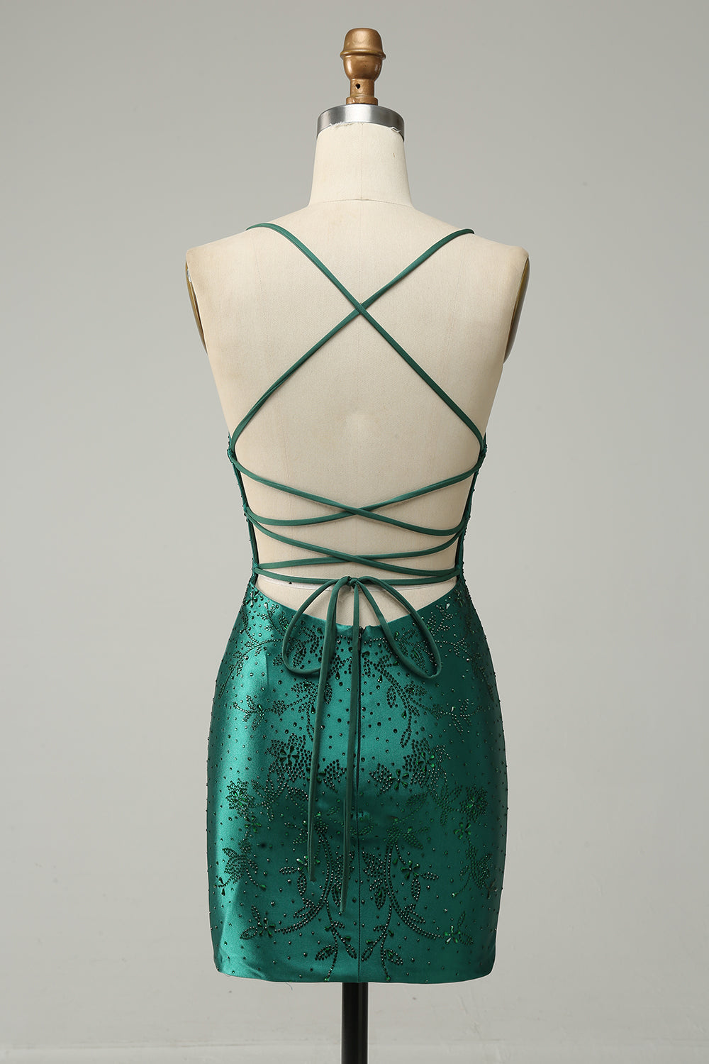 Dark Green Beaded Bodycon Ball Dress With Criss Cross Back