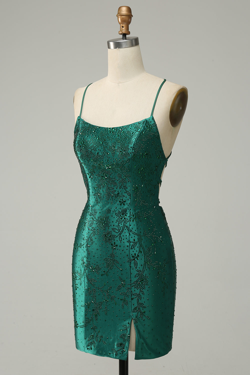Dark Green Beaded Bodycon Ball Dress With Criss Cross Back