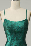 Dark Green Beaded Bodycon Ball Dress With Criss Cross Back