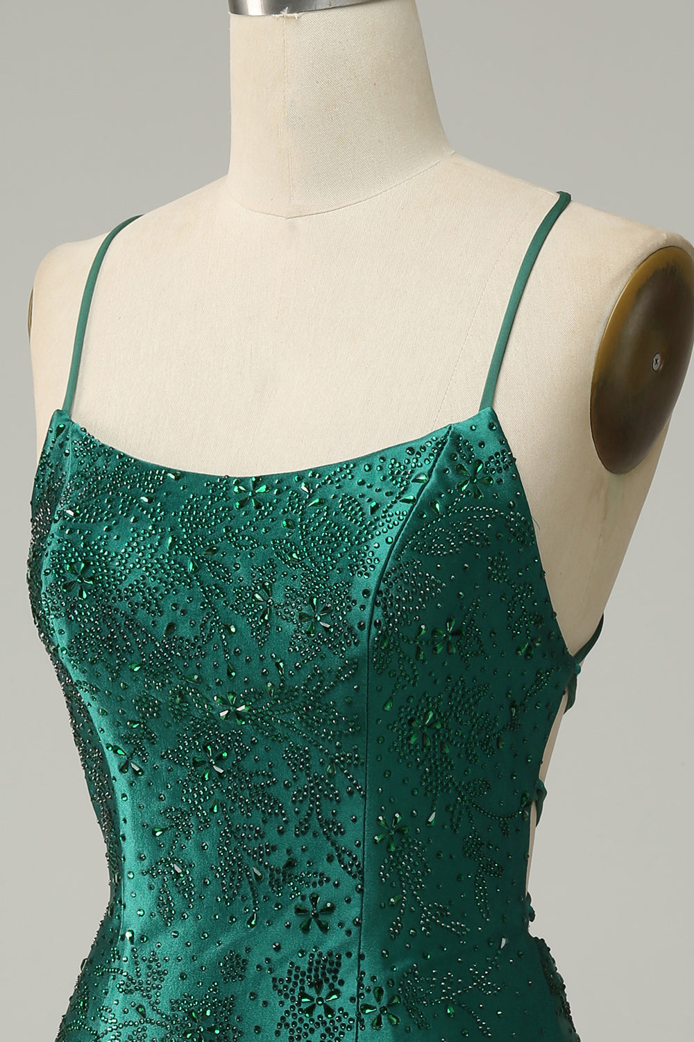 Dark Green Beaded Bodycon Ball Dress With Criss Cross Back