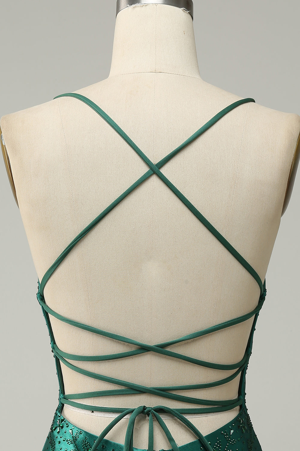 Dark Green Beaded Bodycon Ball Dress With Criss Cross Back