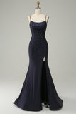 Navy Strapless Sweetheart Beaded Ball Dress with Split