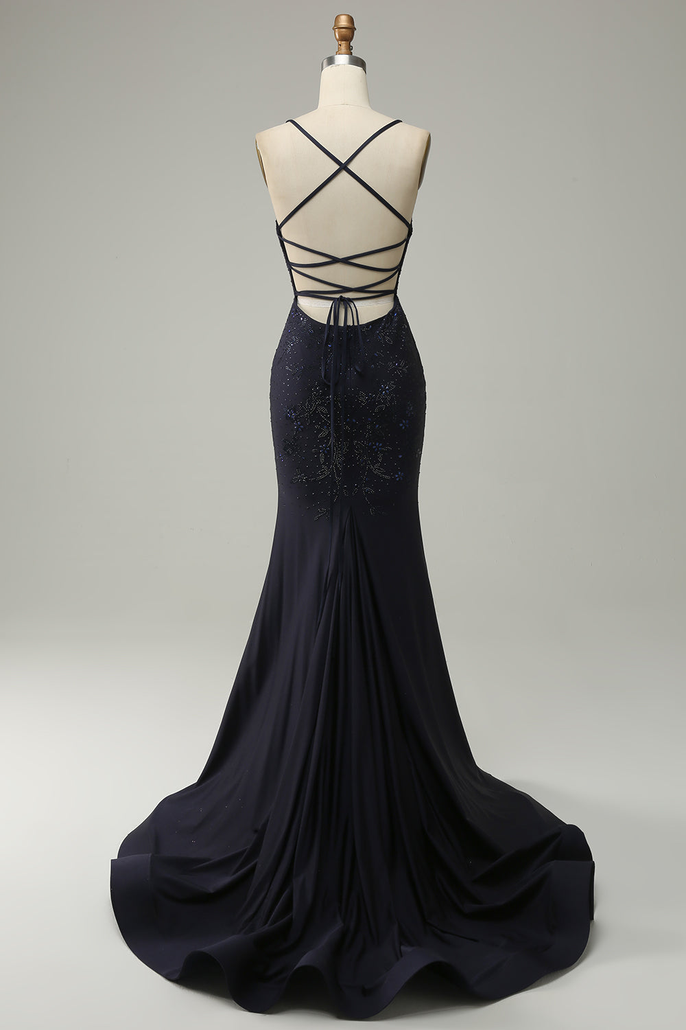 Navy Strapless Sweetheart Beaded Ball Dress with Split