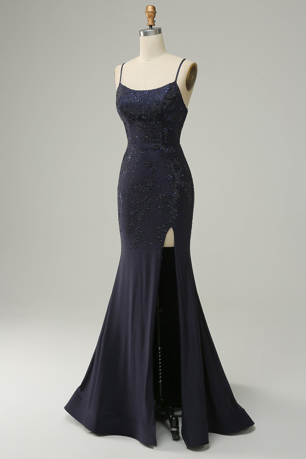 Navy Strapless Sweetheart Beaded Ball Dress with Split