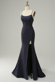 Navy Strapless Sweetheart Beaded Ball Dress with Split