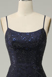 Navy Strapless Sweetheart Beaded Ball Dress with Split