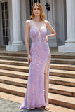 Purple Sparkly Appliques Corset Ball Dress with Slit