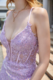 Purple Sparkly Appliques Corset Ball Dress with Slit