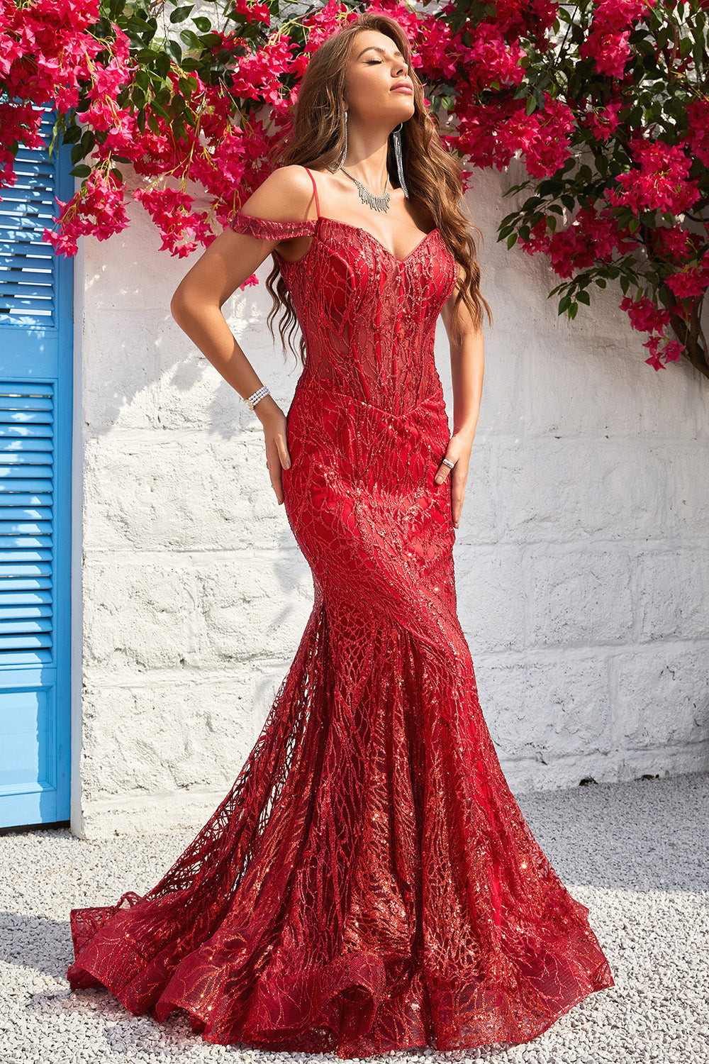 Mermaid Off the Shoulder Burgundy Corset Ball Dress with Bronzing