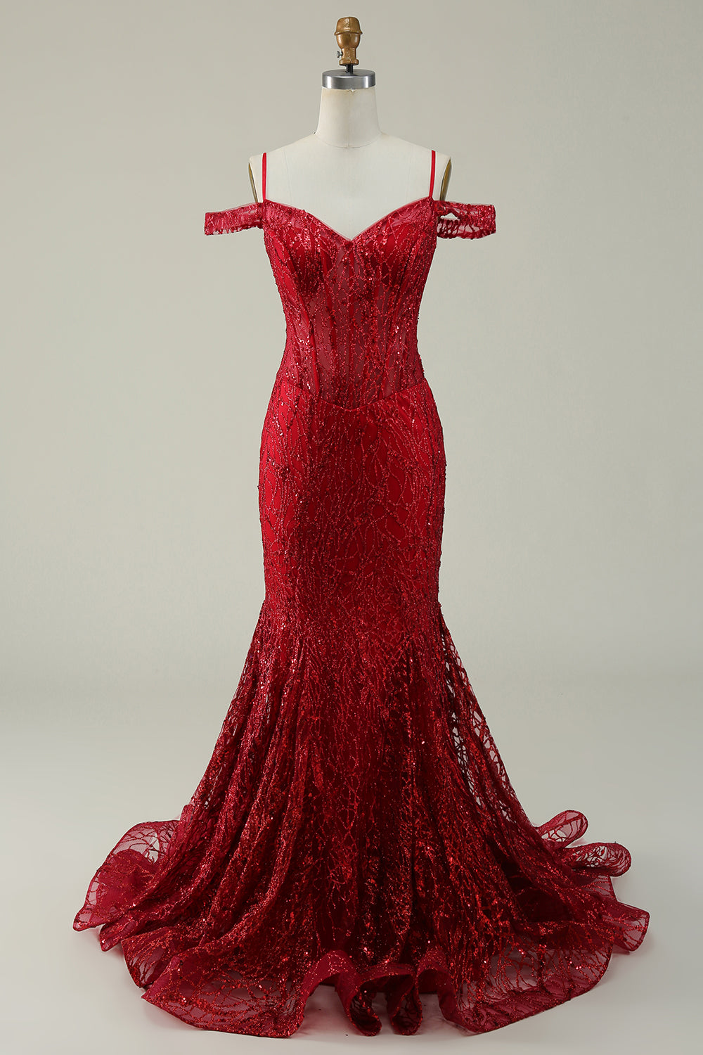 Burgundy Mermaid Cold Shoulder Long Ball Dress