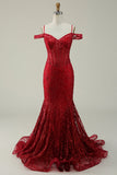 Burgundy Mermaid Cold Shoulder Long Ball Dress