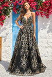 A Line Spaghetti Straps Black Golden Long Ball Dress with Bronzing