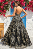 A Line Spaghetti Straps Black Golden Long Ball Dress with Bronzing
