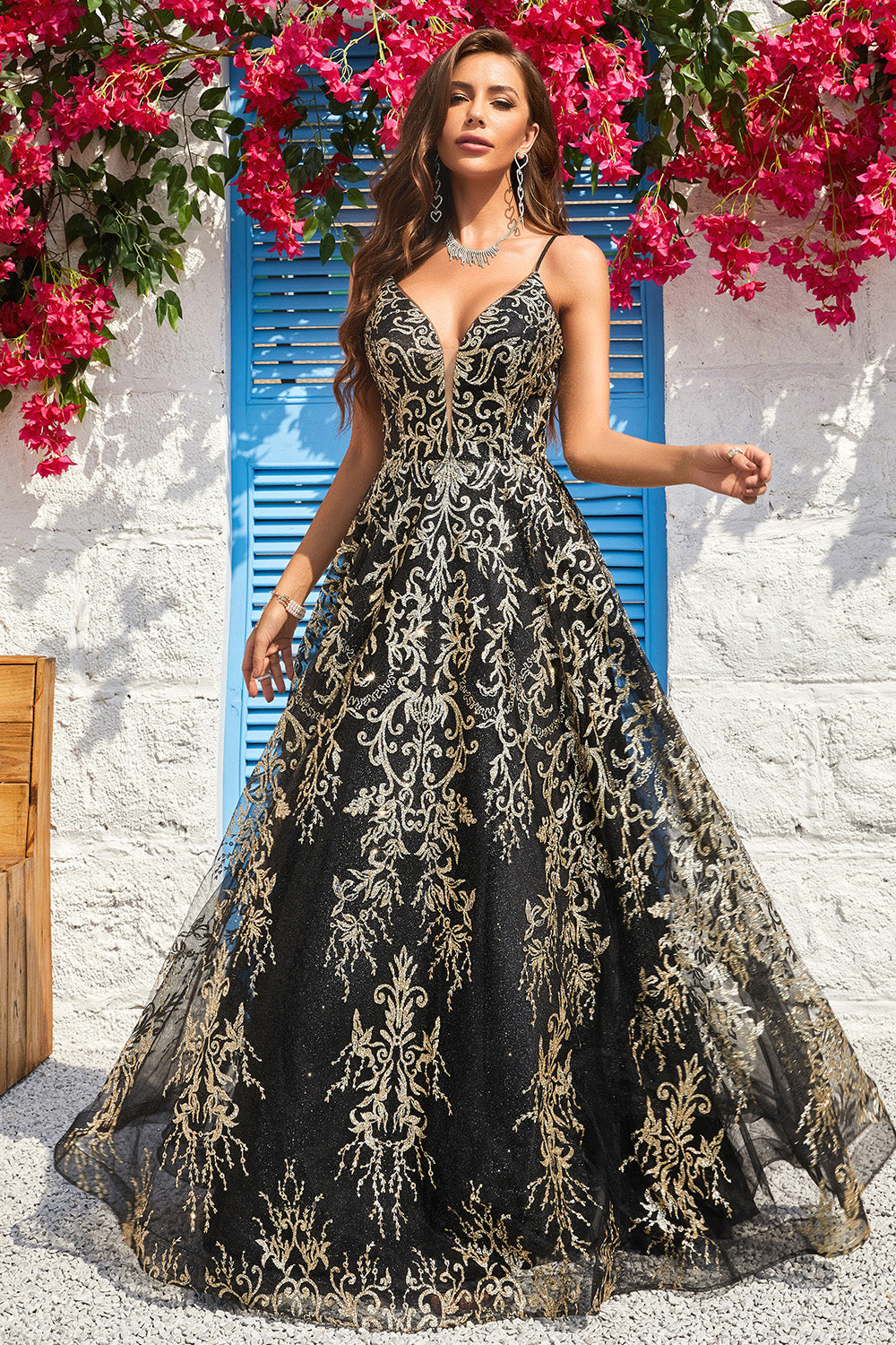 A Line Spaghetti Straps Black Golden Long Ball Dress with Bronzing