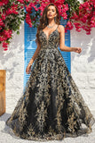 A Line Spaghetti Straps Black Golden Long Ball Dress with Bronzing