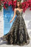 A Line Spaghetti Straps Black Golden Long Ball Dress with Bronzing