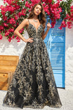 A Line Spaghetti Straps Black Golden Long Ball Dress with Bronzing