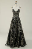 Black Golden Spaghetti Straps Backless Long Ball Dress
