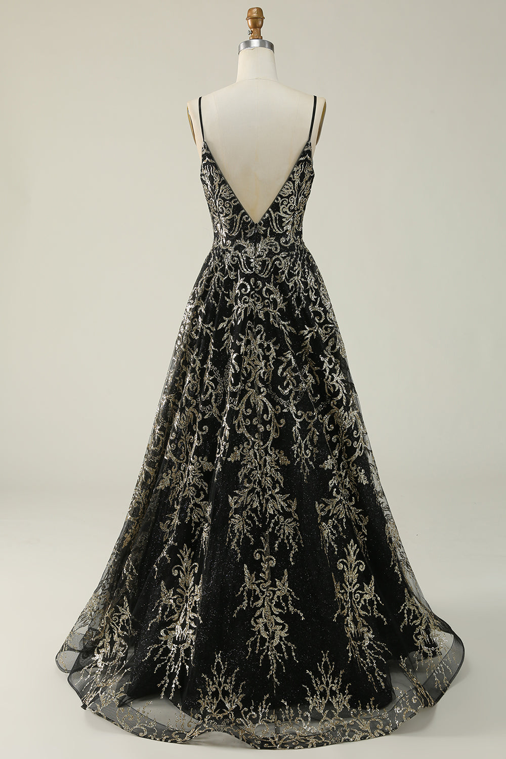 Black Golden Spaghetti Straps Backless Long Ball Dress