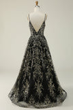Black Golden Spaghetti Straps Backless Long Ball Dress