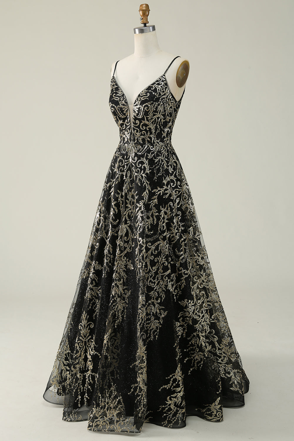 Black Golden Spaghetti Straps Backless Long Ball Dress