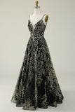Black Golden Spaghetti Straps Backless Long Ball Dress